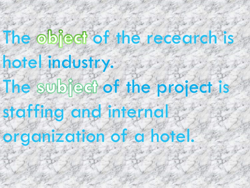 The object of the recearch is hotel industry. The subject of the project is